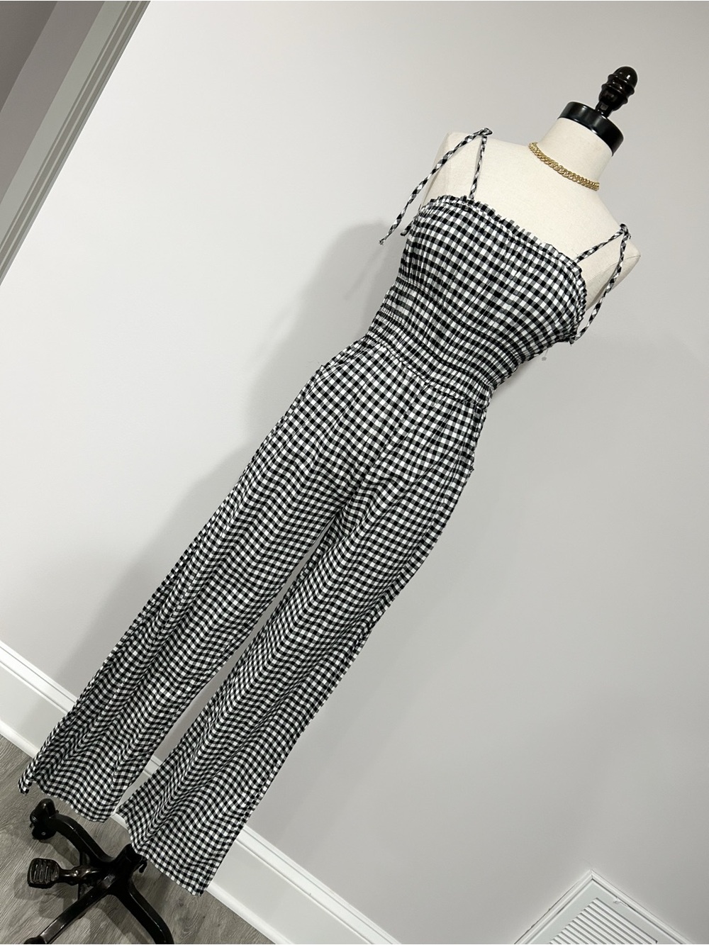 Sincerely Jules Black & White Gingham Tie-Strap Wide-Leg Jumpsuit